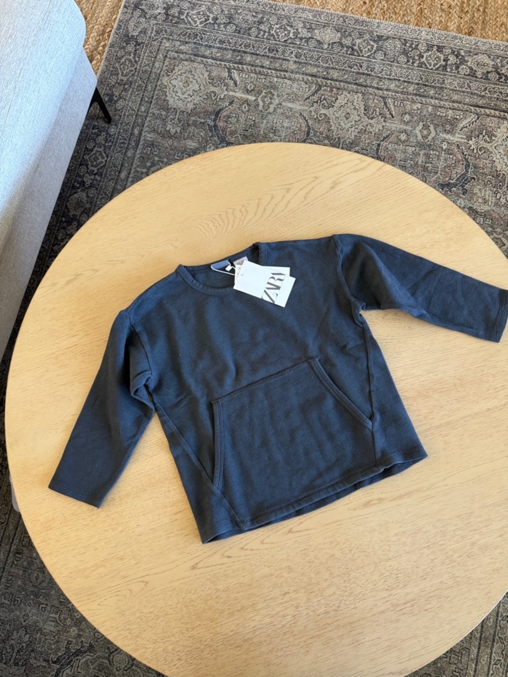 ZARA Kids Long-Sleeve Crewneck Waffle Top - Charcoal NWT